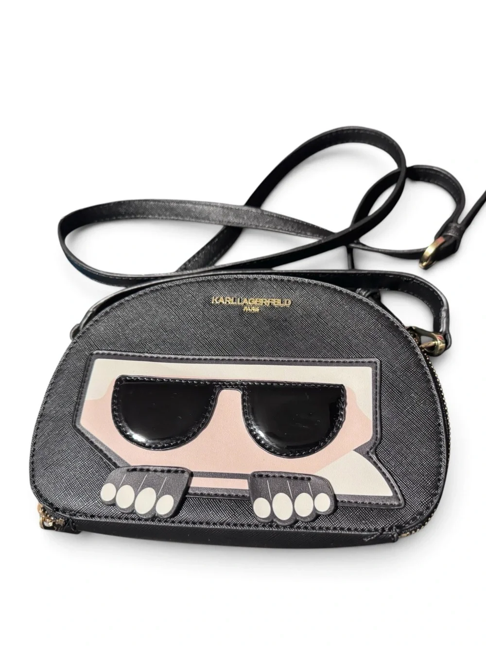 Karl Lagerfeld Black Crossbody Bag with Pink Graphic Sunglasses Detail